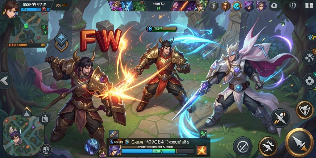 Tampilan screenshot utama 888FW menampilkan aksi pertarungan MOBA yang intens.