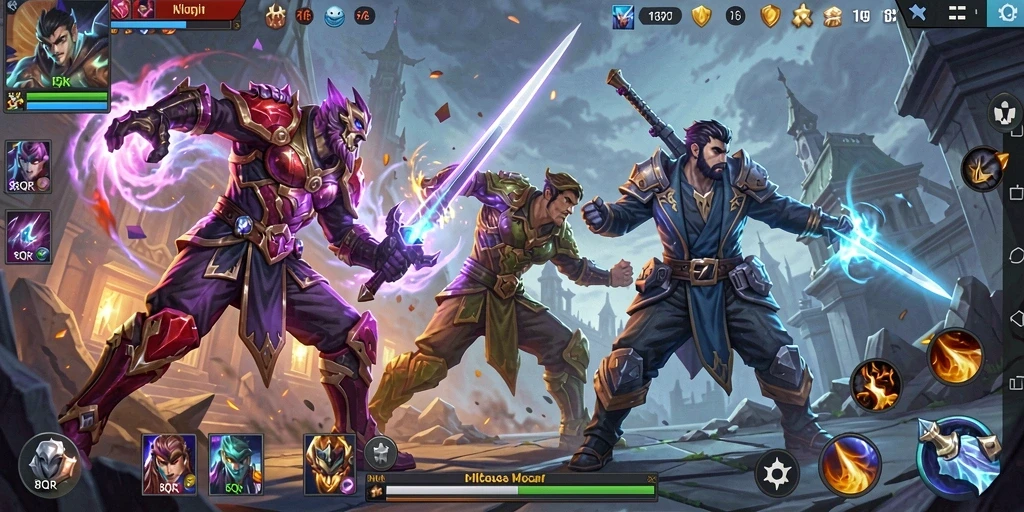 Screenshot gameplay 8QR menampilkan aksi pertempuran yang intens dan strategis.