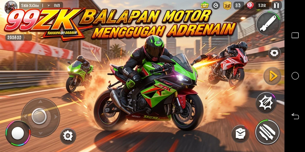 Screenshot gameplay 99ZK menunjukkan suasana balapan yang mendebarkan.