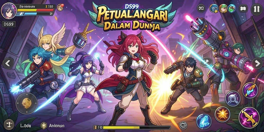 Tampilan gameplay DS99 yang penuh aksi dan karakter anime.