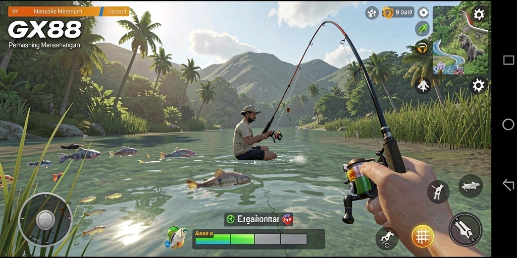 Tampilan menarik gameplay GX88 saat memancing di laut.
