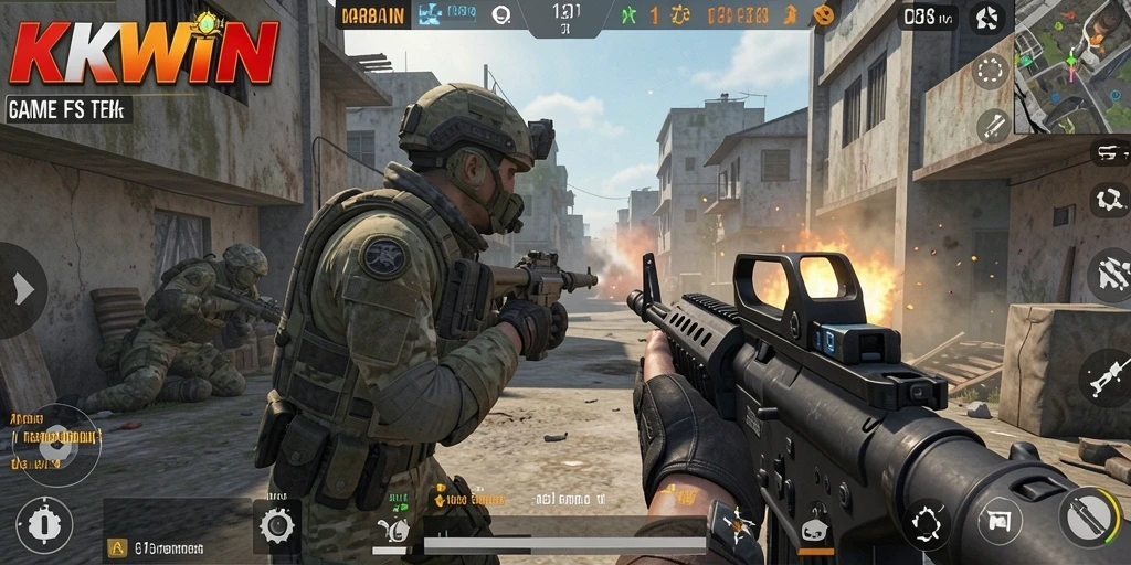 Screenshot gameplay KKWIN menunjukkan pertempuran intens dan taktis.