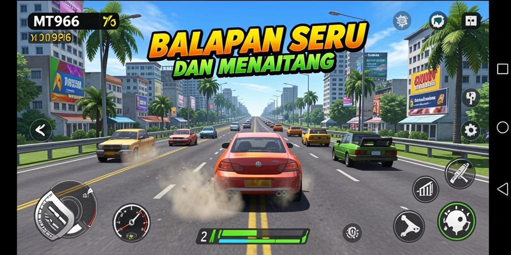 Screenshot gameplay balapan seru dengan mobil yang melaju kencang di lintasan.
