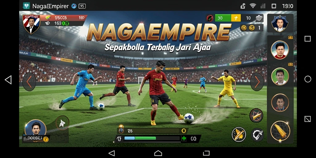 Gameplay NAGAEMPIRE dengan aksi sepakbola yang mendebarkan.
