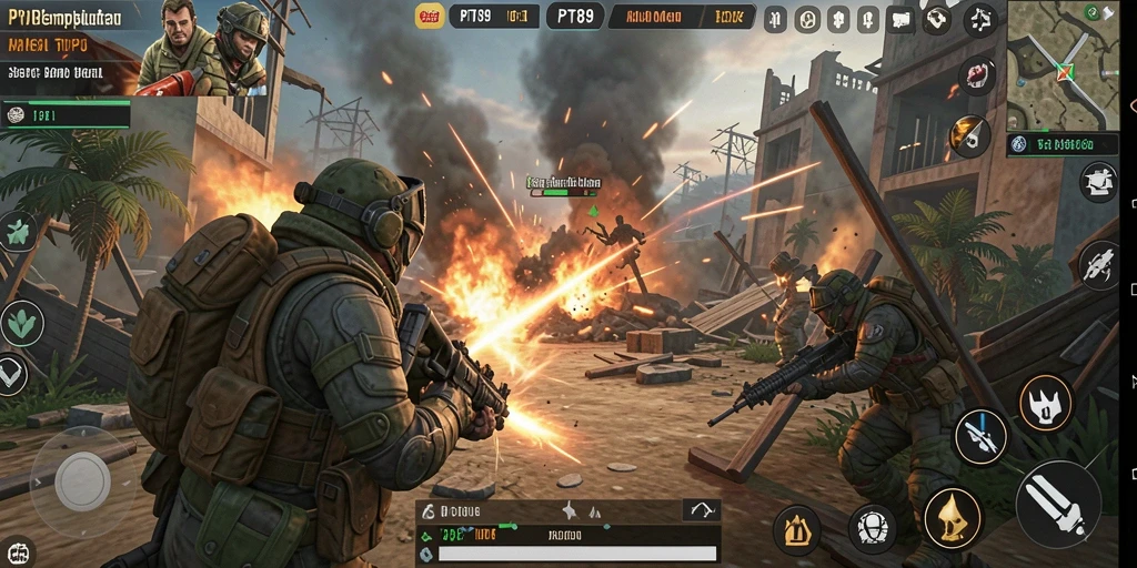 Screenshot gameplay PT89 menampilkan aksi pertempuran yang intens dan karakter yang beragam.