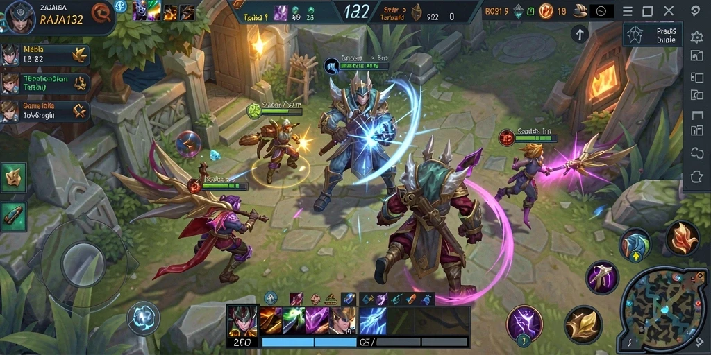 Screenshot gameplay RAJA132 menunjukkan pertempuran seru antar tim MOBA.