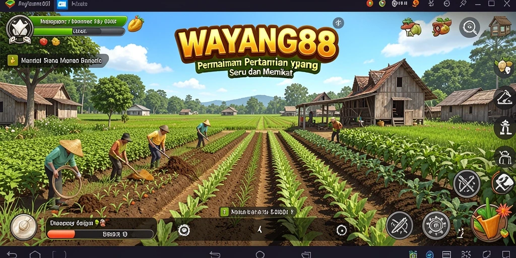 Tampilan gameplay WAYANG88 memperlihatkan ladang hijau dan aktivitas bertani.